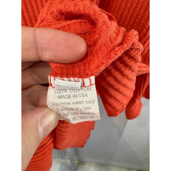 FENINI XL Waffle Knit Pullover Top Square Neck 3/4 Sleeve Buttons Cotton Orange - Picture 8 of 9